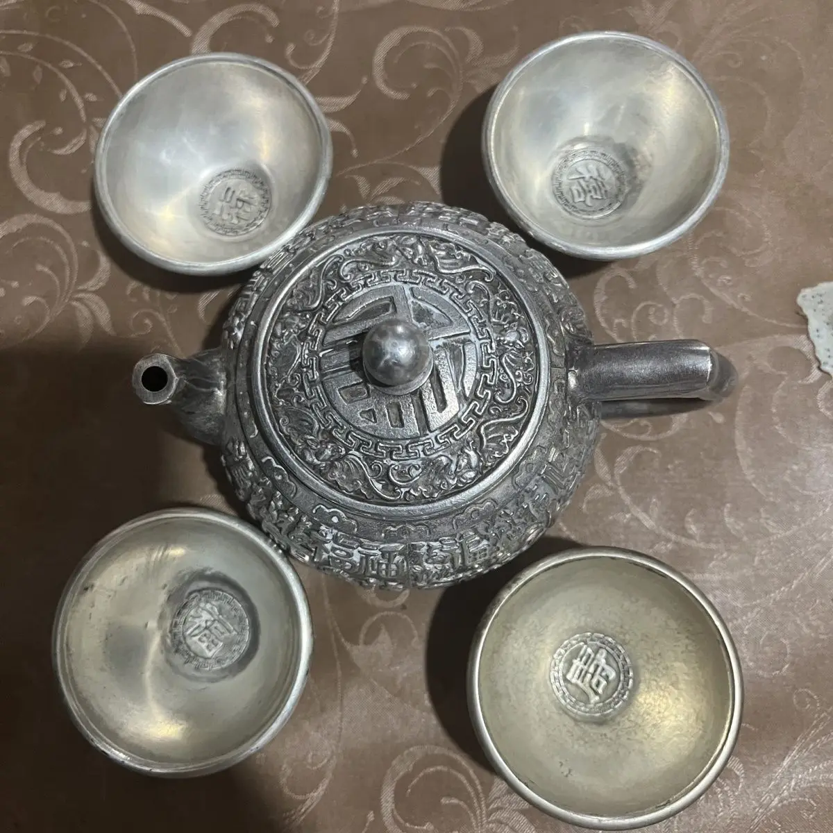 Old silver Tibetan foot Baifu teapot wine pot Kung Fu tea Fulu Shouxi teacup tea set Baishou