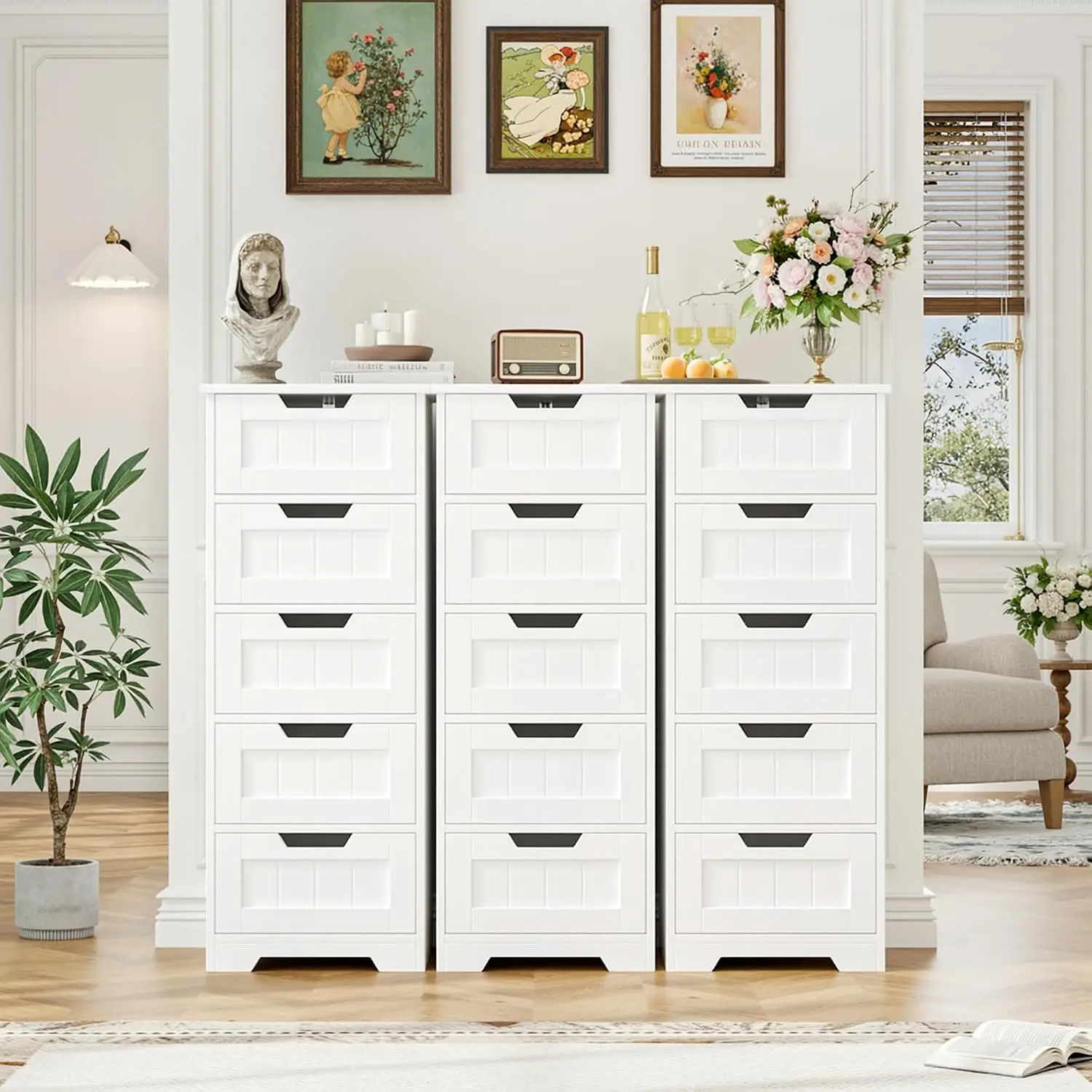 Freestanding Bathroom Storage Cabinet, Wooden Floor Organizer Unit With Five Drawers, Narrow Space Saving Furniture For Living Room Hallway, Modern White Home Organizer view 2