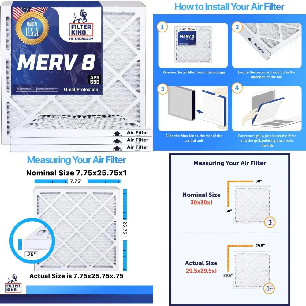 

HVAC Pleated Air Filters 6-Pack MERV 8 A/C Furnace Filters 7.75x25.75 Inches Made in USA Actual Size