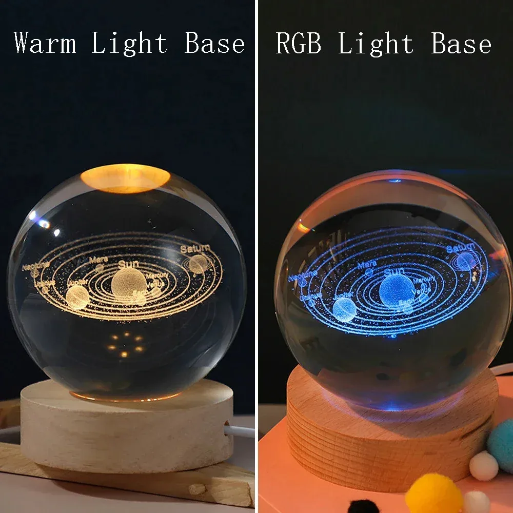 3D Kristallkugel Nachtlicht Lampe Kristall-Planetenglobus Lasergraviertes Sonnensystem Astronomie-Geschenk Geburtstagsgeschenk Glas Heimdekoration