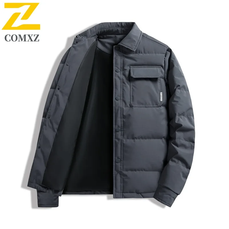 COMXZ Men Middle Aged Gray Duck Down Down Jacket Autumn Winter Lapel Business Casual Wear Versatile Outerwear Windproof Thermal