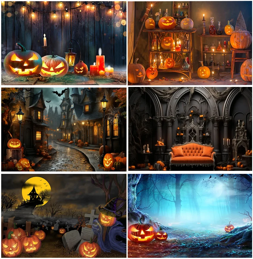 

Photographic Happy Halloween Horror Night Backgrounds Castle Cemetery Pumpkin Lantern Kids Birthday Portrait Decor Backdrops