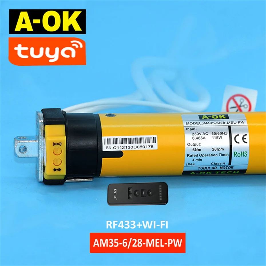 A-OK AM35 6/28 Smart Rolling Tubular Motor,RF433 Remote+Tuya wifi App,for 40/45mm/47mm/50mm Tube,for Rolling Blind,230V 50/60HZ