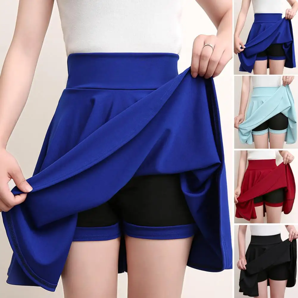 

Women Shorts Skirt Elastic Waistband Pleated Skater Skort Solid Color Anti-exposed Fake Two Pieces High Waist Mini Skort