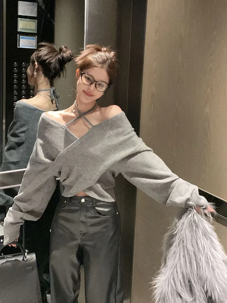 Fashion Sexy Off Shoulder Sweater Autumn Long Sleeve Women Grey Slim Halter Top French Style New Elegant Cross Design Pullover