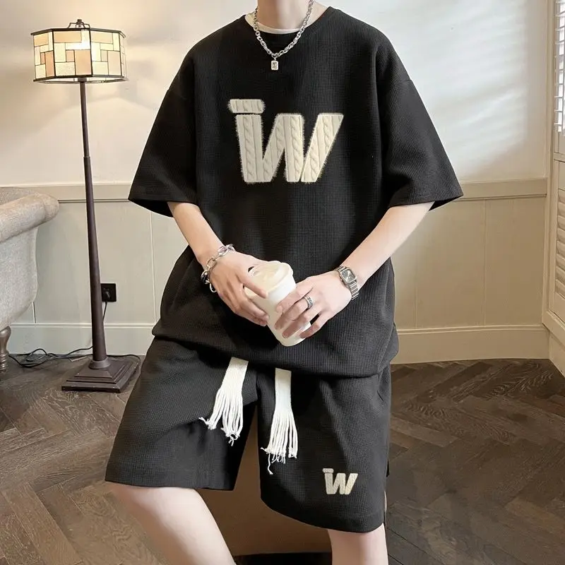 

Hong Kong Style Waffle Men Summer Short Sleeve T Shirt Shorts Two Piece Set Teen Handsome Trendy Sportswear