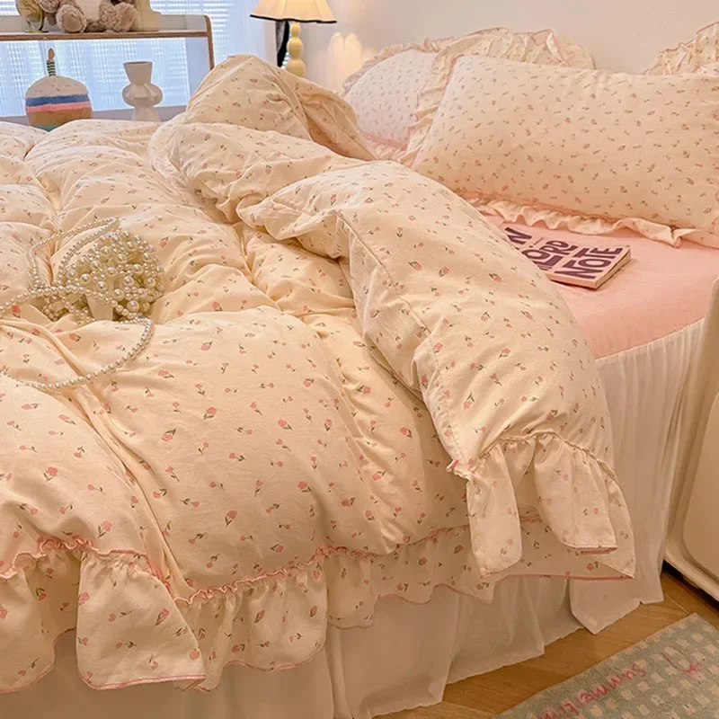 Sweet Flower Printed Bed Skirt Bedding Set Skin Friendly Cotton Nude Sleeping Comforter Cover Set Class-A Single Home Textile