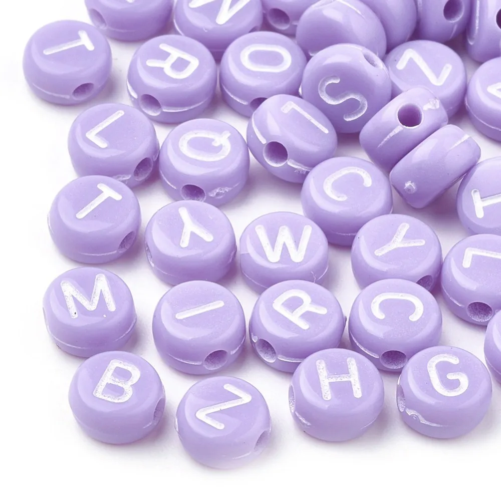 200pcs Opaque Acrylic Beads Horizontal Hole Mixed Letters Flat Round with Letter Random Letters Lilac 7x4mm Hole: 1.5mm