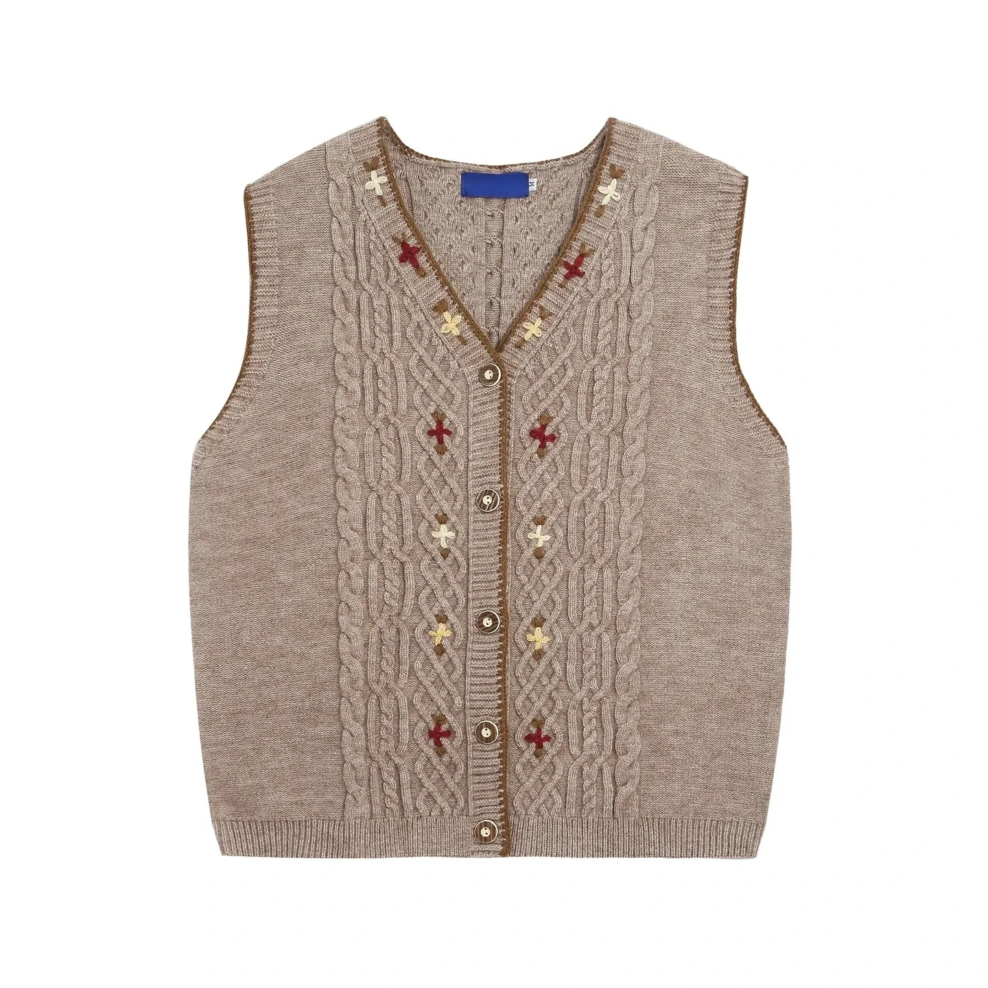 2025 Autumn Winter New American Retro College Style Men's Embroidered Knitted Vest V-neck Sleeveless Khaki Cardigan