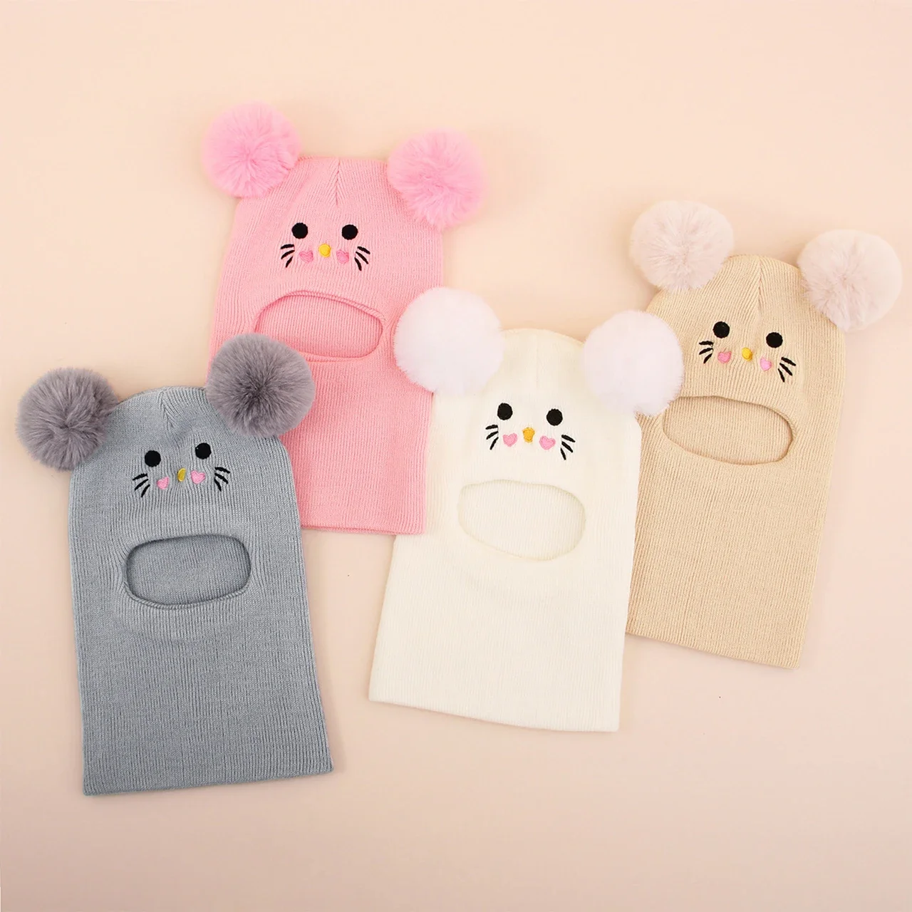 

Double Pompom Baby Knitted Balaclava Hat Cute Cartoon Kids One Piece Scarf Cap Windproof Warm Girl Boy Hooded Beanie