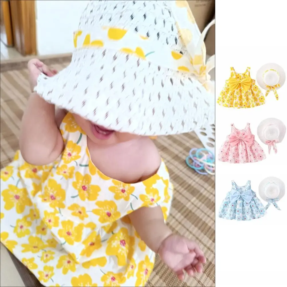 

Fashion Bowknot Baby Girl Princess Dress Summer Sleeveless Floral Dress with Hat Loose Cotton Kids Flower Dress Beach Vacation