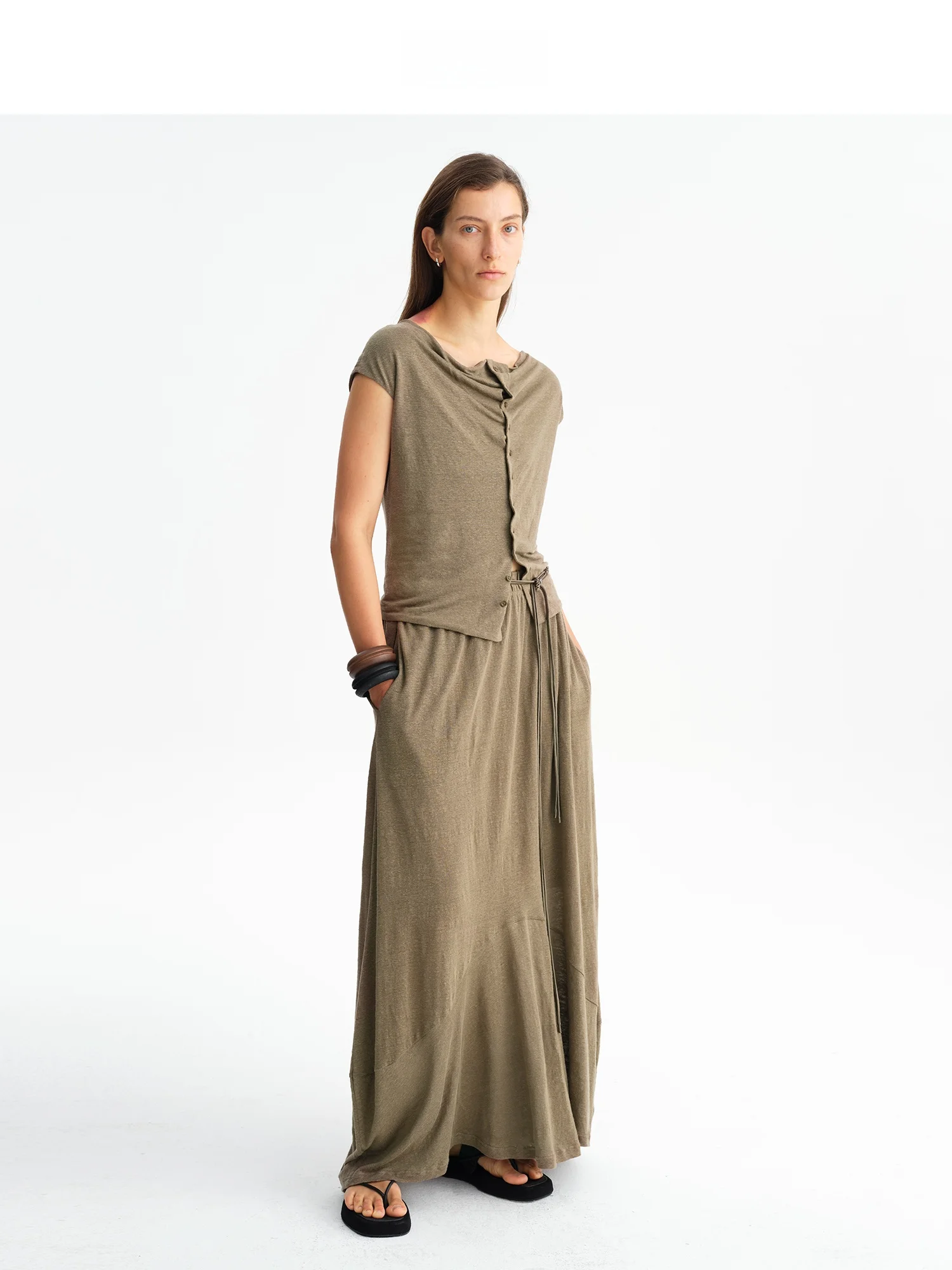 Natural Linen Vintage Collar Open Cardigan Vest Minimalist Skirt Set Women's Fashion Spring Collection Button Closure Short S...
