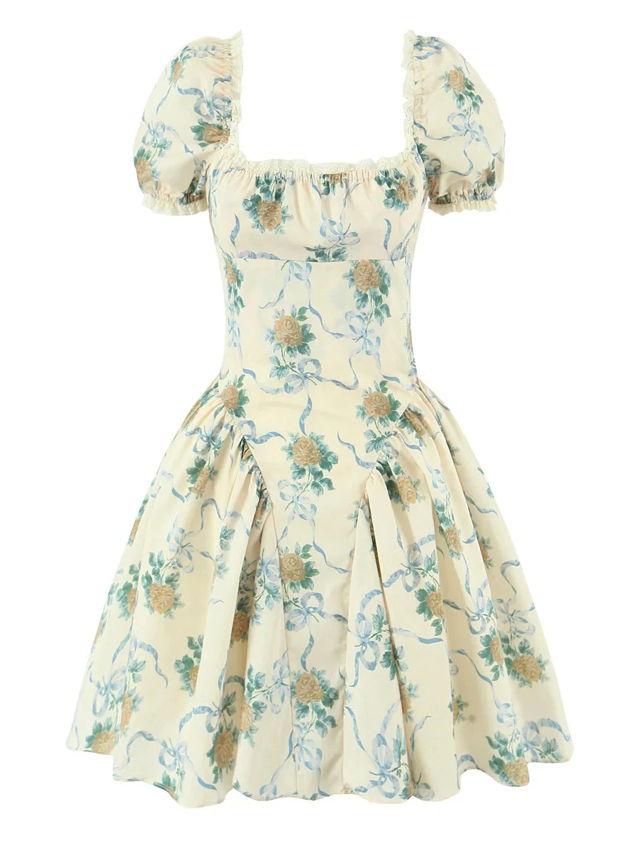 레트로 레이스 스플라이싱 슬림핏 스퀘어 넥 버블 소매 플로럴 드레스 여성 허리 조절 미니 숏 스커트 프린세스 드레스