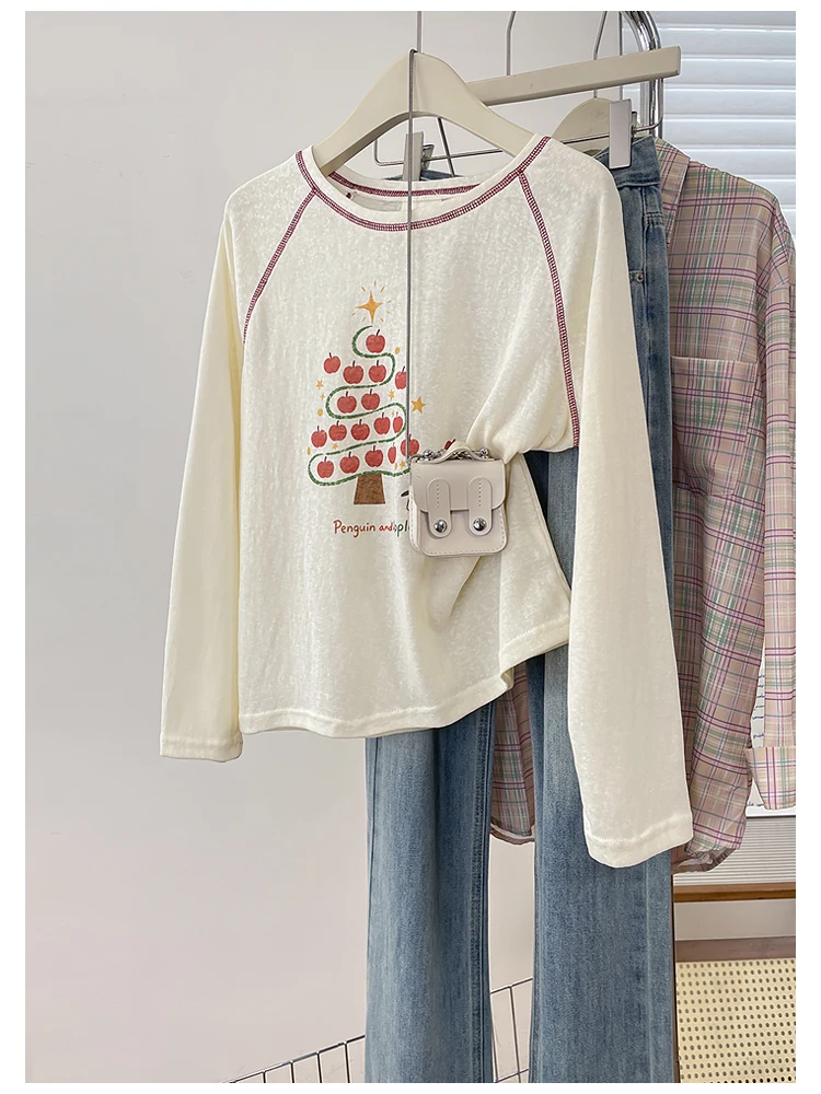 Cartoon Tree Print Long Sleeve T-Shirt Women's Fashionable Casual Cotton Top Shoulder Bared Design Breathable Autumn Wear