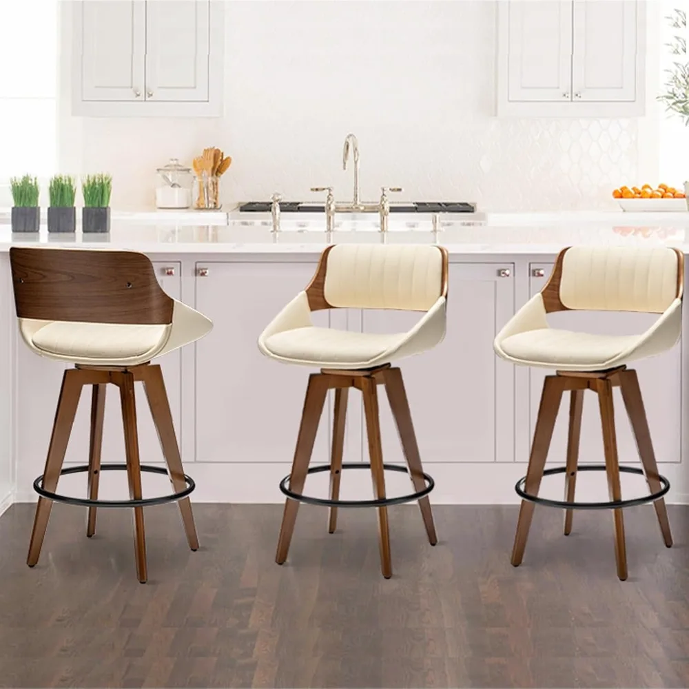 

Swivel Bar Stools Set of 3 Mid Century Modern Cream White Faux Leather Upholstered Counter Height Barstools,Kitchen Island Wood
