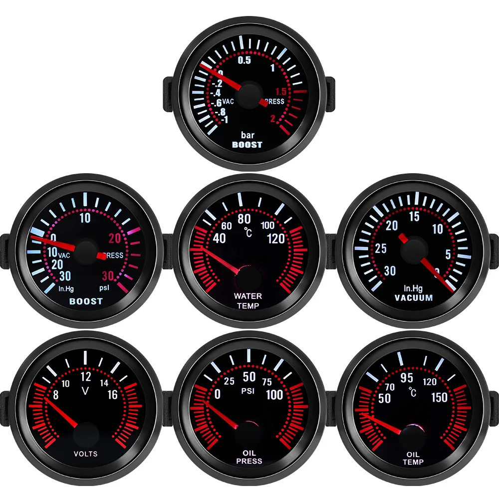 Tacómetro de lente de humo para coche, 52mm, RPM, Turbo Boost, barra PSI, medidor de temperatura del agua al vacío, medidor de presión de aceite para gasolina de 12V