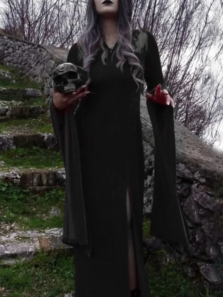 เดรสยาวสีดำทรงเอวสูง แขนบาน แต่งลูกไม้เว้าสไตล์โกธิค เหมาะสำหรับงานปาร์ตี้ฮาโลวีน แฟชั่นสตรีท สไตล์คลับแวร์