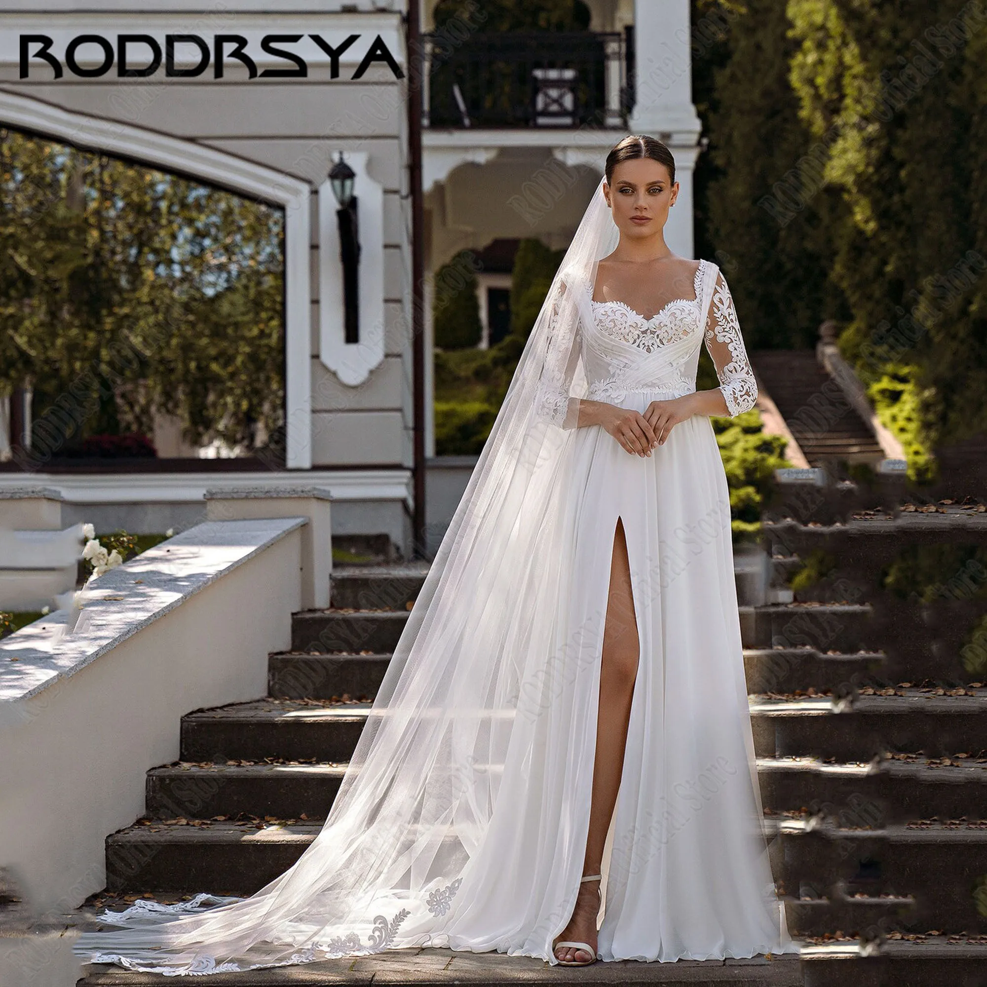 

RODDRSYA Lace Sweetheart Wedding Dresses Side Split Long Sleeves Lace Up A-Line Chiffon Bride Gowns Applique Vestidos De Novia