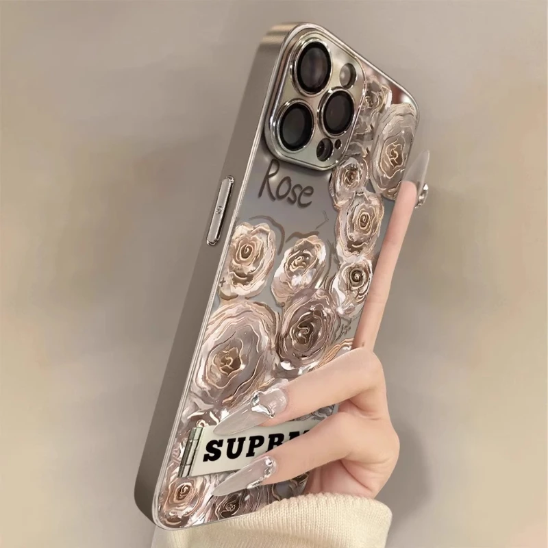 

Electroplating painted rose women's phone anti drop protective case suitable for iPhone 15 plus 16 promax full series