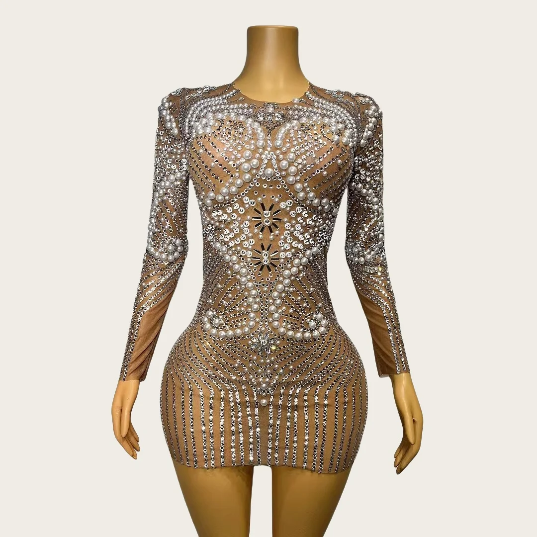 

Huaban Luxury Sparkly Rhinestone Pearls Tight Fitting Sexy Mesh Dress Long Sleeved Short Dress Prom Party High-end Women Couture