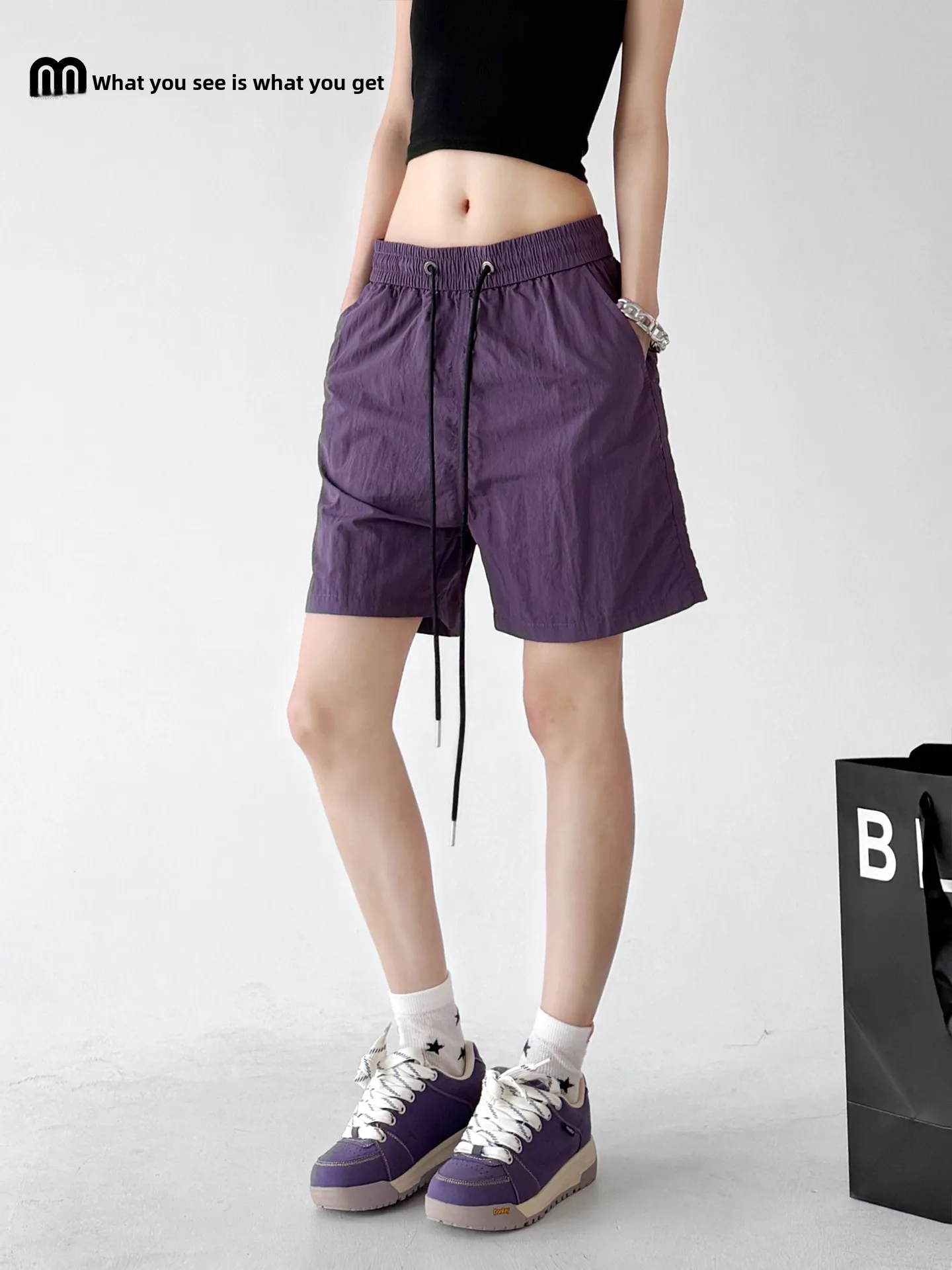 

Loose Drawstring Purple Sports Shorts Women's High Waist Wide Leg Pants Casual Comfortable Three-quarter Length Summer New