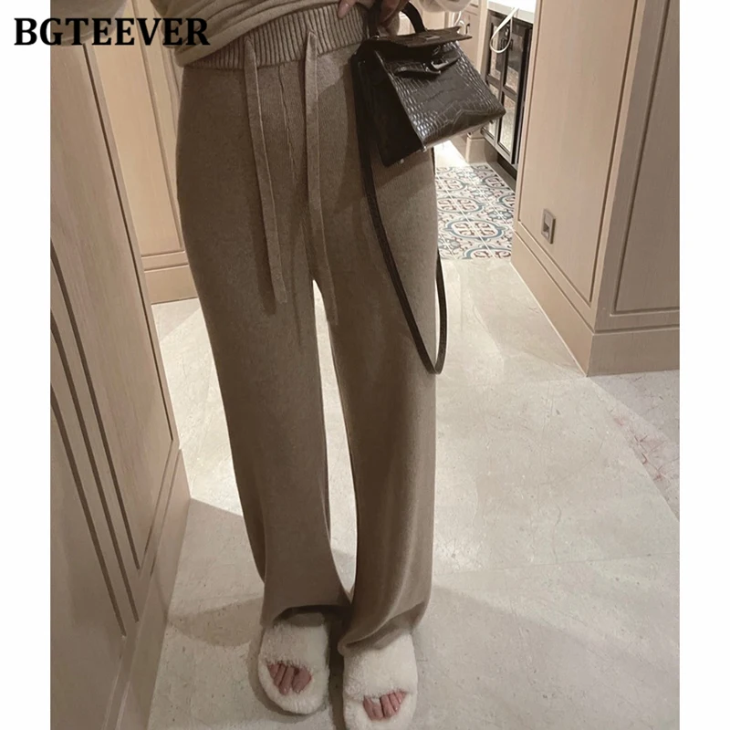 

BGTEEVER зимние теплые длинные брюки, свободные трикотажные брюки на шнурке, женские эластичные широкие брюки с высокой талией