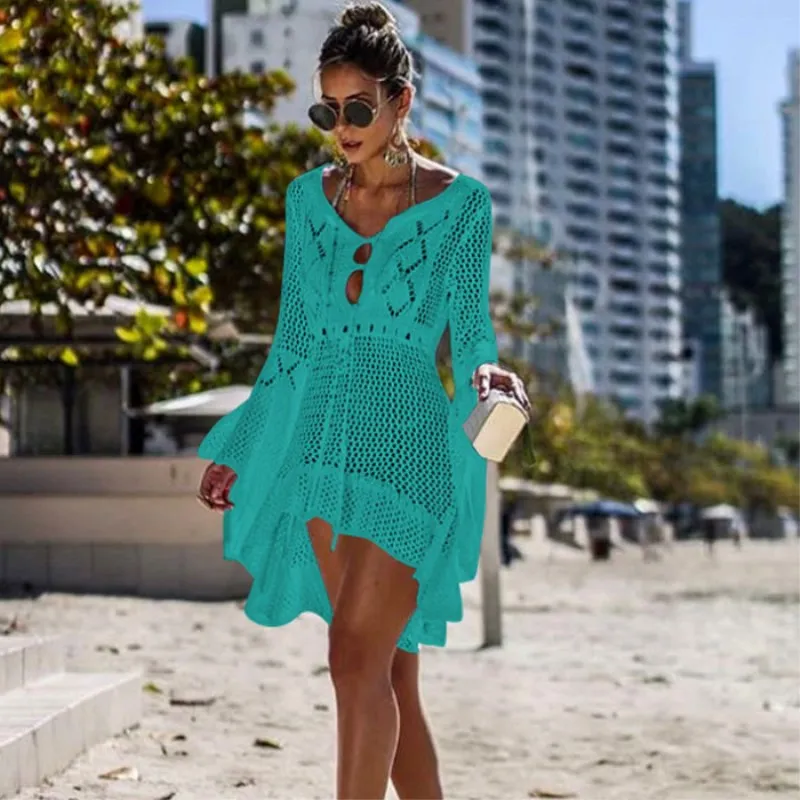 2023 Spring Summer Hollow-out Sunscreen Shirt Flared Sleeve Beach Blouse Bikini Blouse European Beauty Sweater Green