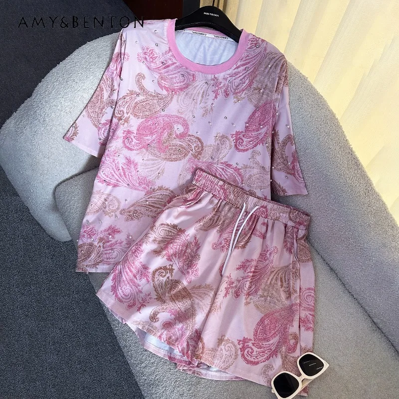 

Лето 2022, новый комплект футболок с короткими рукавами и принтом в китайском стиле, свободный повседневный топ, шорты, комплект из двух предметов, женская одежда