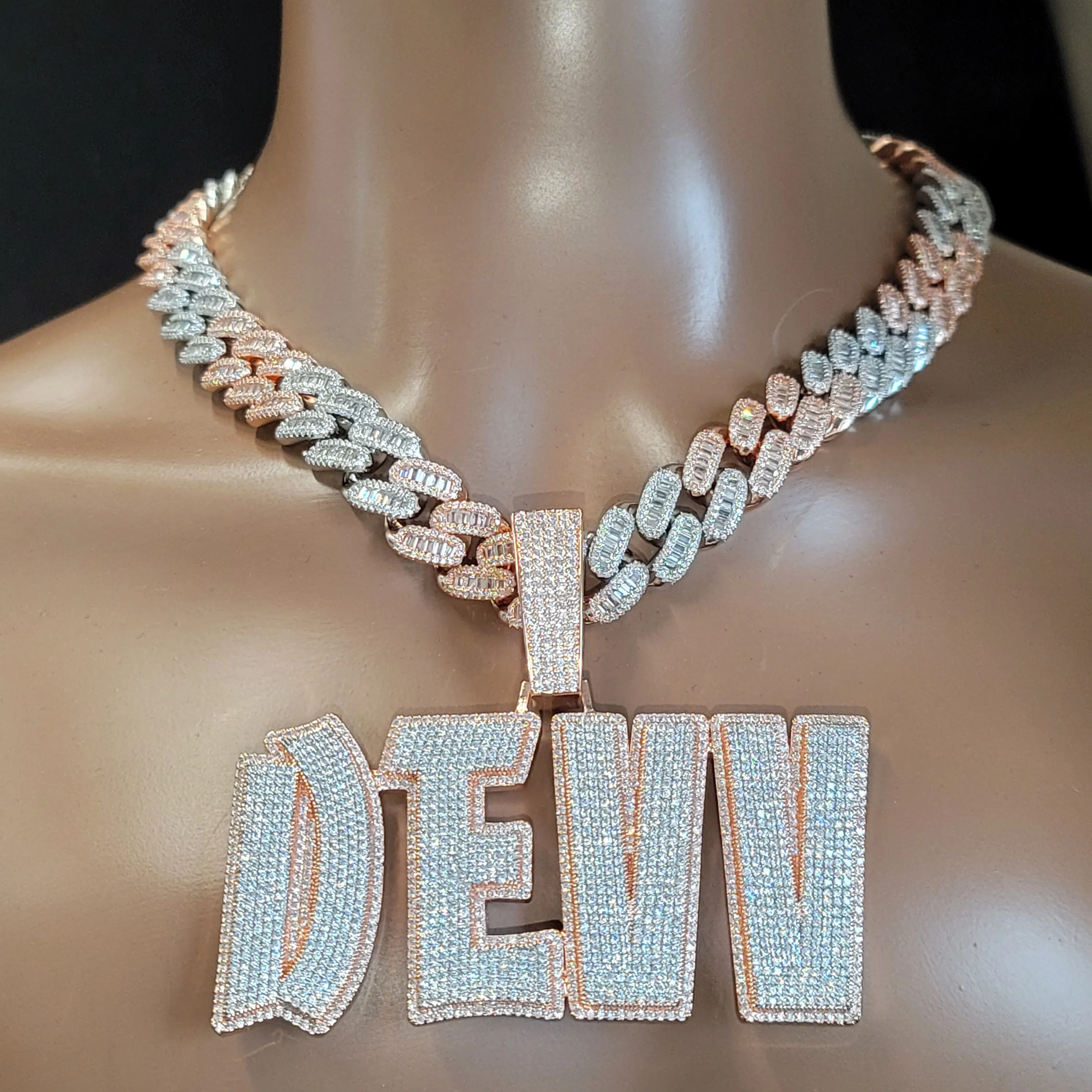 مخصص كامل الماس قلادة بحرف مع Baguettecz الكوبية سلسلة مثلج خارج اسم قلادة مزدوجة اللون الهيب هوب مجوهرات هدية له