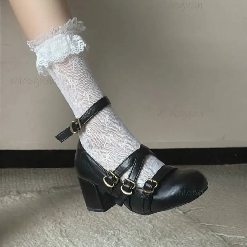Women's Mary Janes Round Toe Buckle Strap Chunky Block Heel Sweet Lolita Shoes Cosplay Walking Casual Pumps Sandalias De Mujer