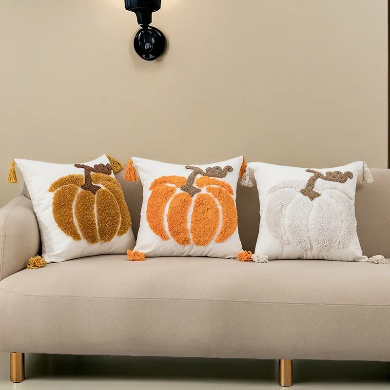 

45x45cm Throw Cushion Cover Christmas tufted embroidery pumpkin canvas embroidery hotel bedroom living room sofa pillow cover