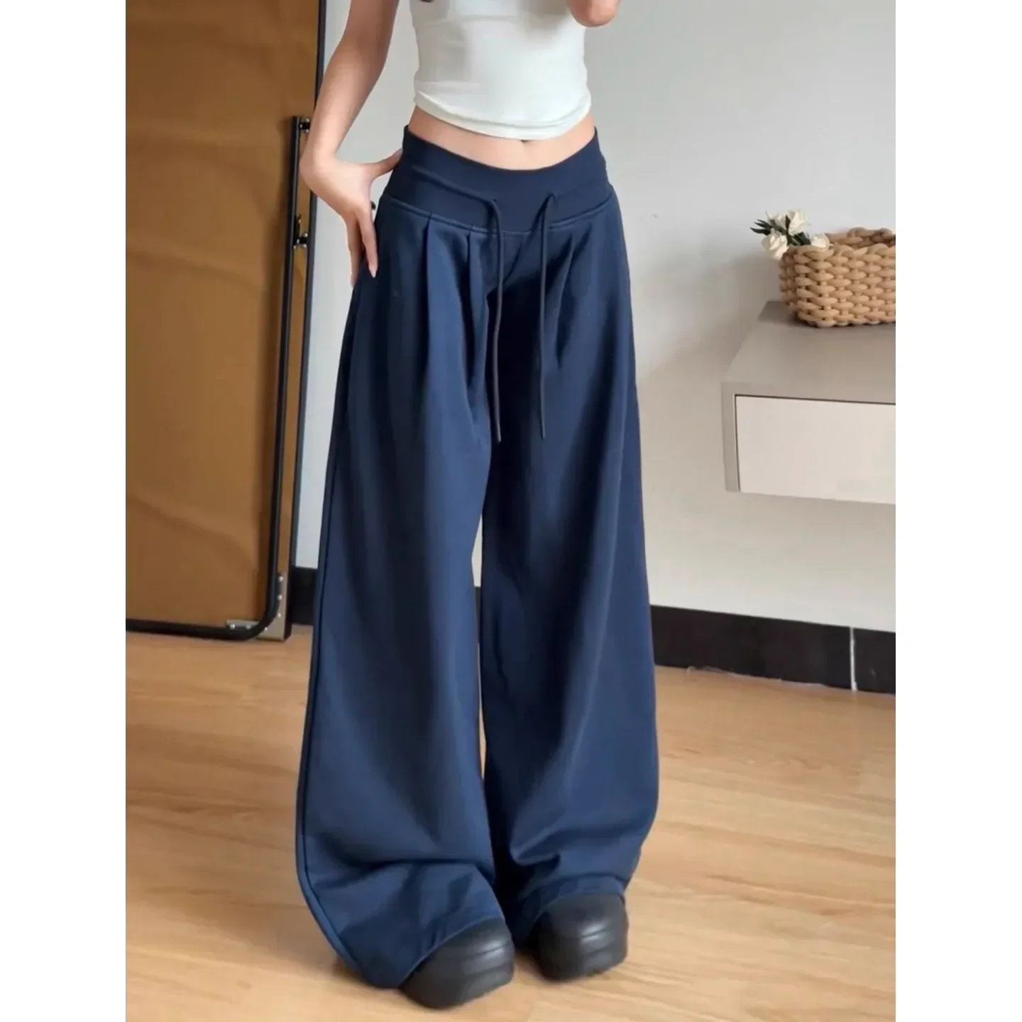الأمريكية الرجعية الأزرق الداكن الرباط مطوي Sweatpants المرأة منخفضة الخصر فضفاض ثنى واسعة الساق السراويل الرياضية الخريف جديد