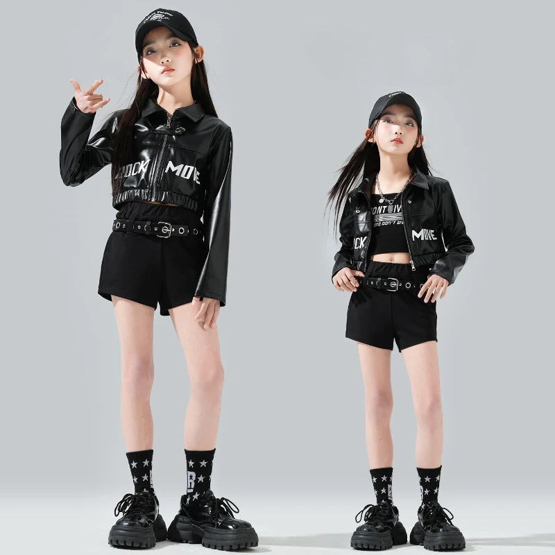 

Girls Jazz Dance Clothes New Streetwear Clothing Long Sleeves Black Tops Hip Hop Shorts Group Kpop Stage Performance Costume