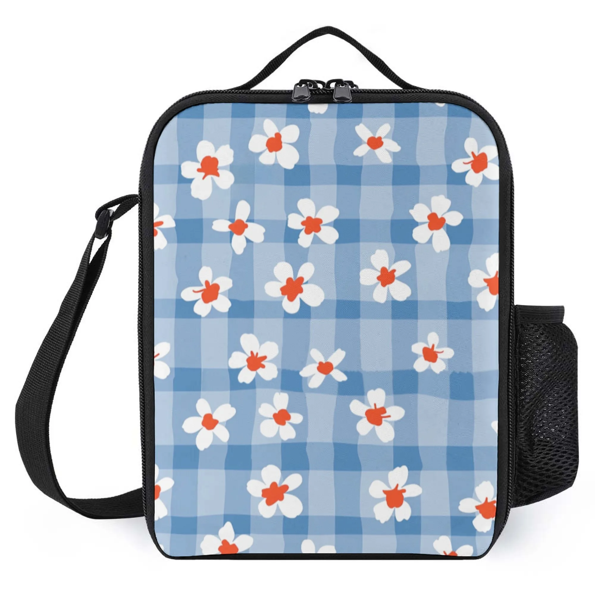 

Изолированная сумка для обеда, материал из ткани Оксфорд, синий клетчатый узор с белыми цветами и красными центрами, школа/офис/пикник/на открытом воздухе