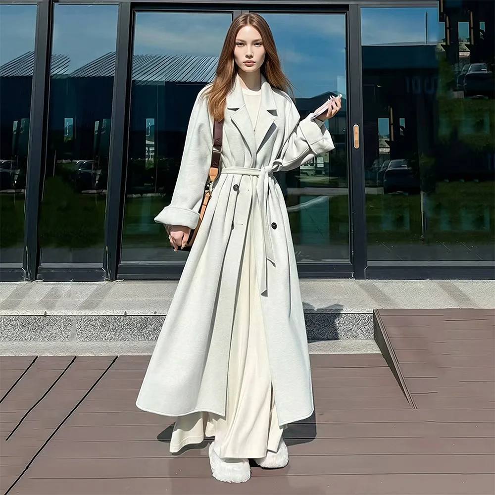 New Women Beige Double-Faced Wool Coat Autumn Winter Fashion Turn-down Collar Double Breasted Loose Casual Wool Blends Coat