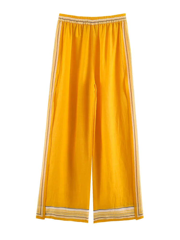 HH Women Summer Spring Coquette Vibrant White Polka Dot Tube Top Spring Mustard Drawstring Wide Leg Pants Co Ord Lightweight Set