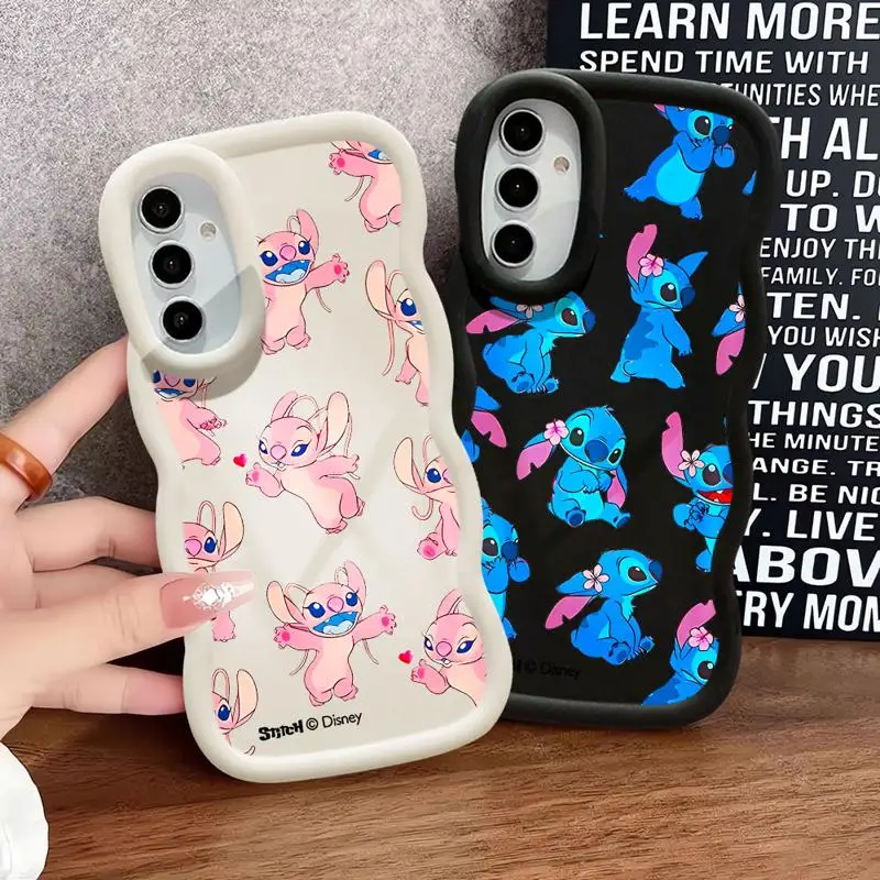 DisneyCute Angel Stitch Luxury Macaron Waves Phone Case for Samsung S24 S23 S22 S21 FE Ultra for Galaxy A50 A05 A04 A02s Cover