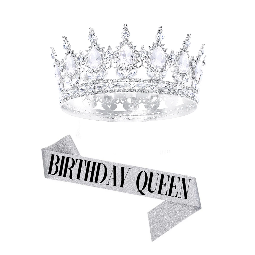 2 pcs แฟชั่นคริสตัล Rhinestone รอบ Tiaras และ Crowns สําหรับผู้หญิง "BIRTHDAY QUEEN" สายคล้องไหล่ชุดอุปกรณ์เสริมผม