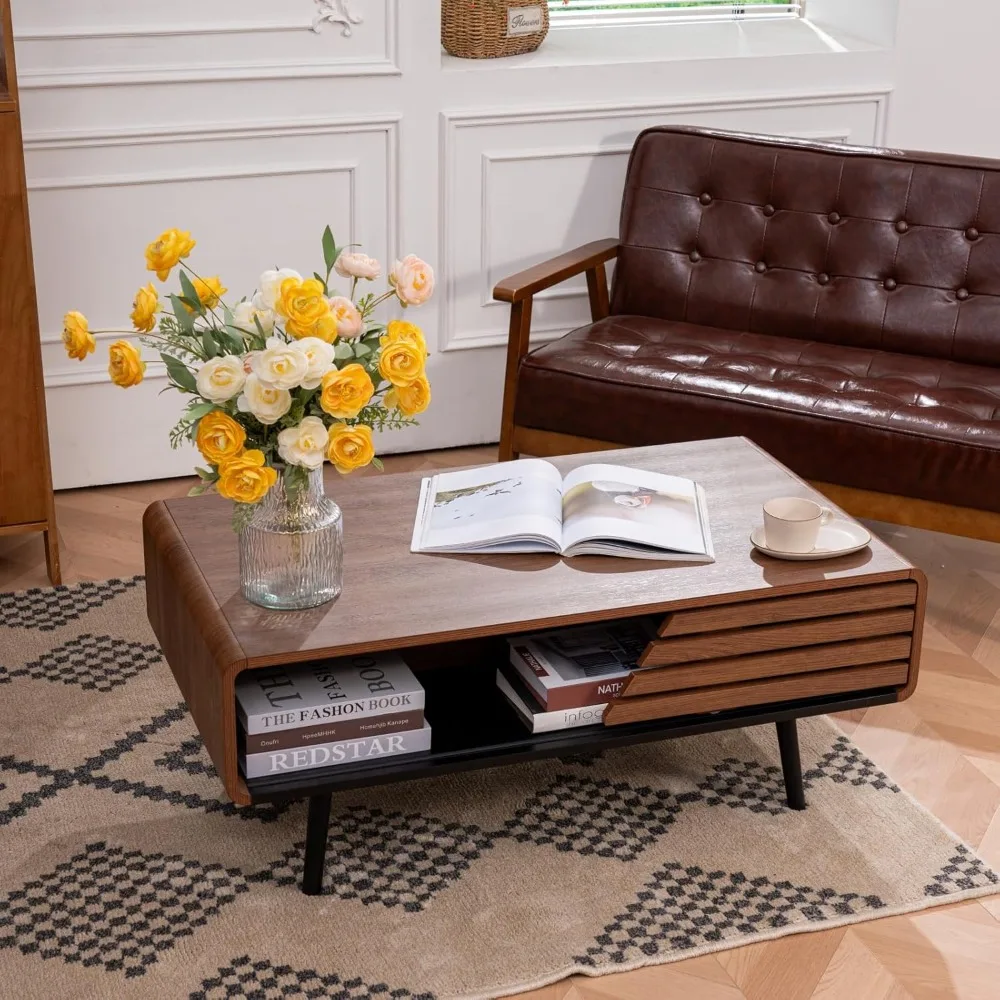 طاولة قهوة، 40 طاولة قهوة حديثة مع مساحة تخزين وباب منزلق لغرفة المعيشة، باللون الأسود والجوز