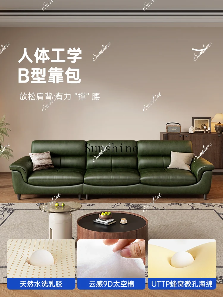 

oil wax leather leather sofa, antique small apartment in the living room, straight row, light luxury and high-end senseP