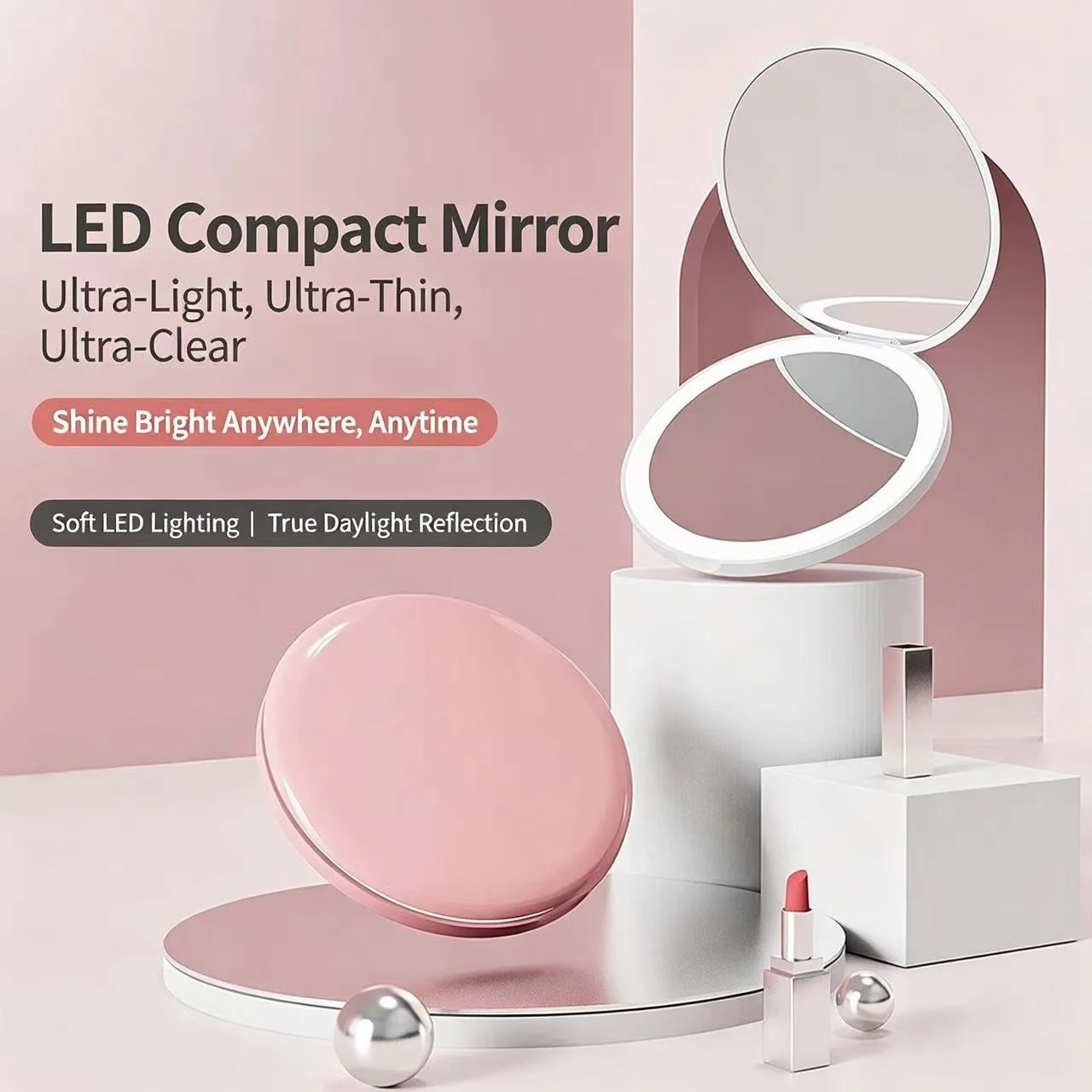1 Piece 2X Magnifying Double-Sided Ultra-Thin Led Portable Makeup Mirror, High-Definition Mirror Surface That Restores Natural Light, USB Charging, Compact and Portable Folding Mirror, Suitable for Daily Travel and Touch-Ups, a Must-Have Beauty Mirror for Exquisite Girls, Perfect as a Gift for Friends and Besties on Halloween, Christmas, and Other Holidays