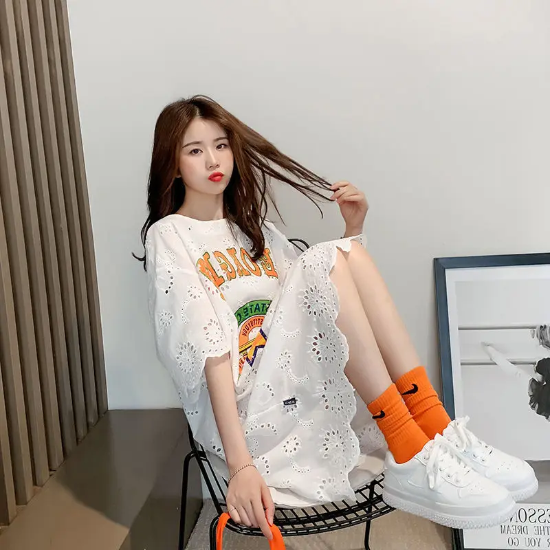 Casual Clothes Women\'s T-shirt For Summer Loose Elegant Pulovers Graphic Short Sleeve White Midi Tops Fashion Korean T Shirt