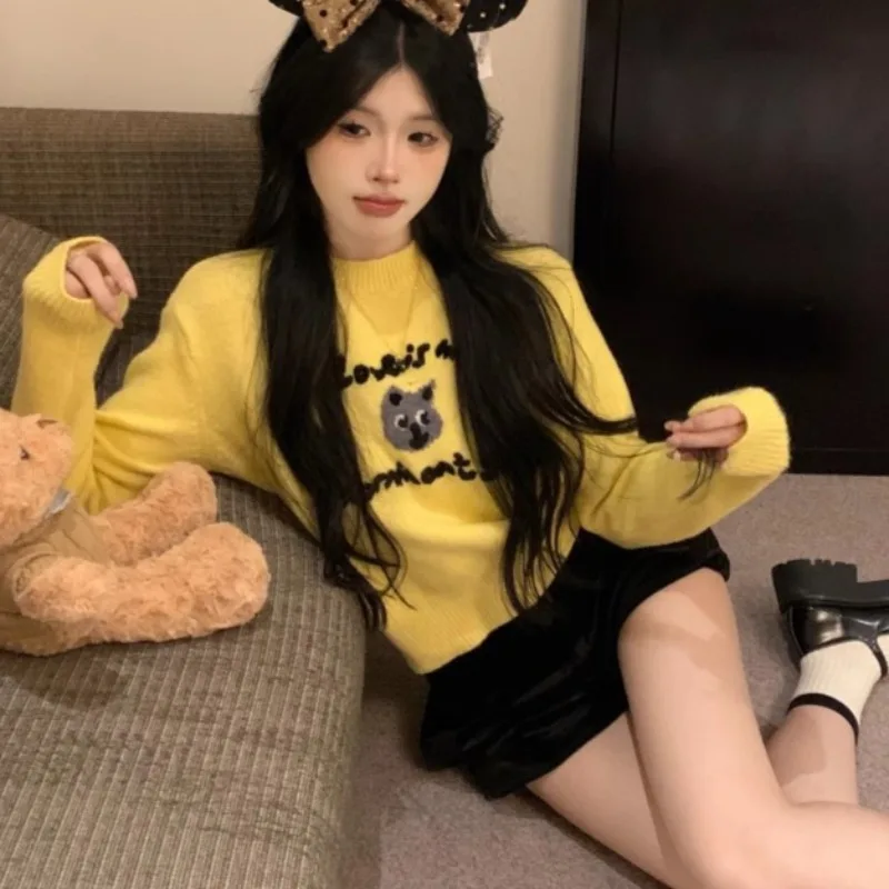 Pullovers Women Yellow Tender Sweater Sweet Girls Lovely Design Baggy Crop Tops All-match Leisure Korean Style Age-reducing Chic