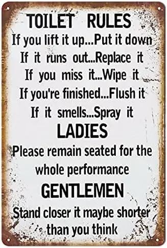 PEI;s Funny Toilet Rules Tin Sign, Vintage Style, Metal Signage, 8x12 Inches