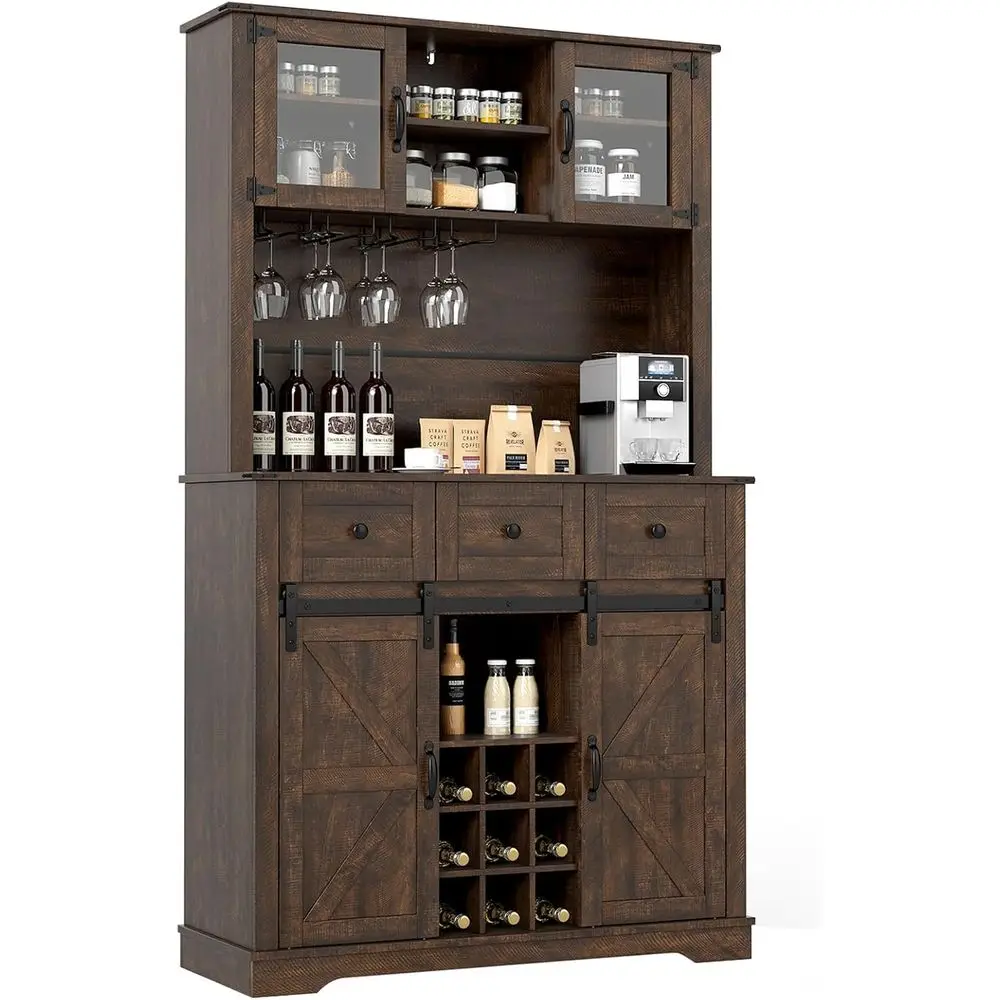 

Кофейный шкаф-бар 72-дюймовый со стеклянными дверцами и винными полками, высокий шкаф-кладовка с выдвижными ящиками и раздвижными дверями-амбарными, коричневый