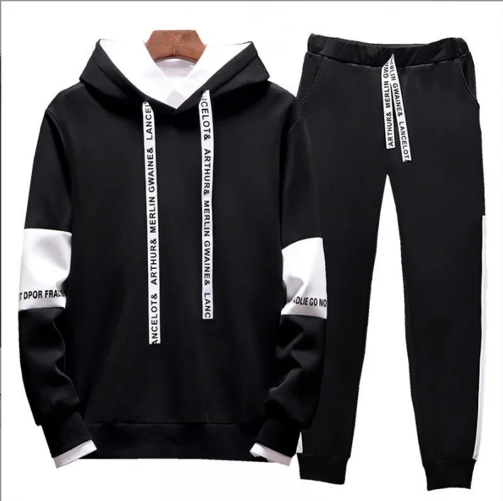 

New street style sports men's fashion pullover hooded sports sweatshirt suit autumn two-piece spliced ​​hooded smart suit