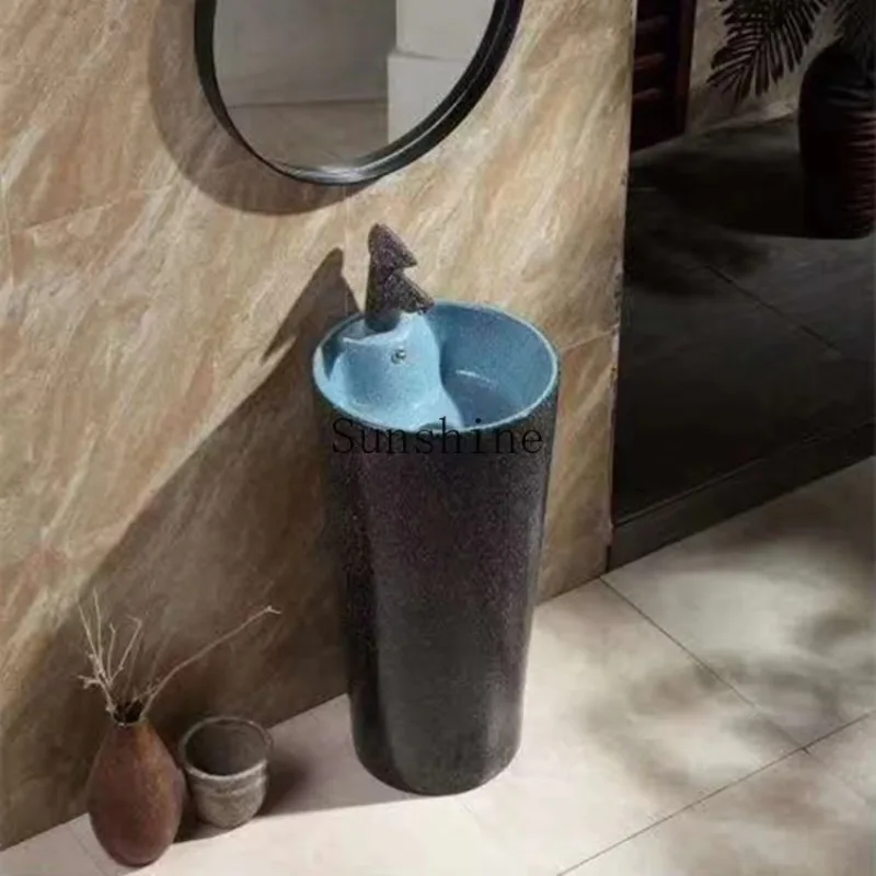 YNew Chinese column, floor-to-ceiling, antique, simple small apartment with colored ceramic wash basin