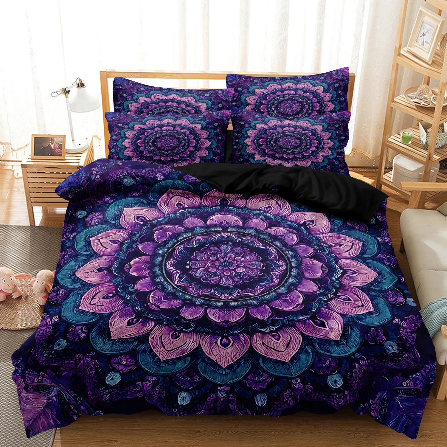 Psychedelic Bohemian Mandala Print Duvet Cover Set, 3Pcs Deep Purple Teal Large Floral Mandala Feather Spiritual Pattern Bedding