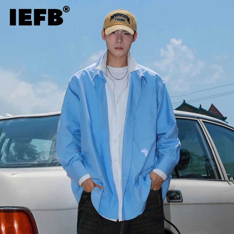 IEFB Niche Design Men Shirts Fake Two-piece Lapel Contrast Color Casual Tops Single Breasted Long Sleeve Loose Male Shirt 9W270