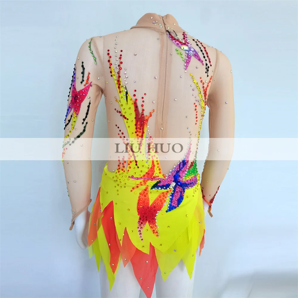 LIUHUO Rhythmic Gymnastics Leotard Customize Women Girl Costume Performance Competition Dance Dress Aerobics Yellow Ice Skating